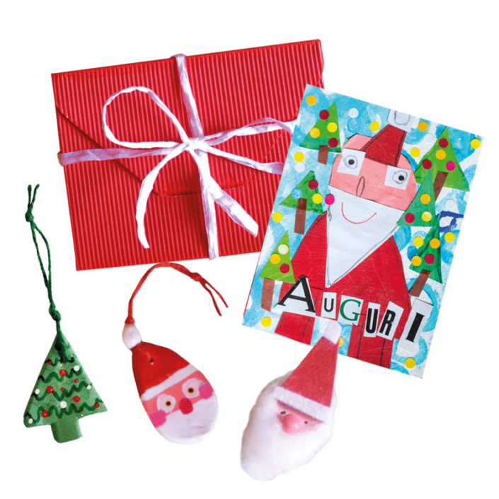 Chocolate Greeting card, handmade collage Includes a decoration of your choice from Fir tree decoration; Father Christmas decoration; Father Christmas magnet Suggested minimum donation 15€ Card and decorations are handmade by the young people at our PIC EO art workshop