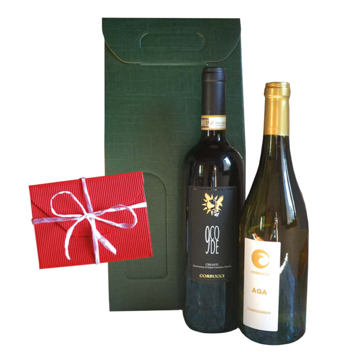 <b>Lettera di cioccolato<br/>
Confezione con vino rosso e vino bianco Corbucci</b><br/>
<br/>
<h3>Donazione minima consigliata 40€</h3></b><br/><br/>