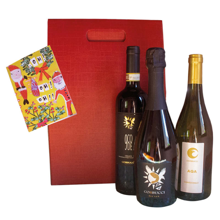 <b>Confezioni con vino rosso, vino bianco e brut Corbucci<br/>
Biglietto auguri con illustrazione digitale originale</b><br/>
<br/>
<h3>Donazione minima consigliata 55€</h3></b><br/><br/>
<i>Il biglietto è illustrato dagli artisti del nostro laboratorio artistico PIC EO</i>